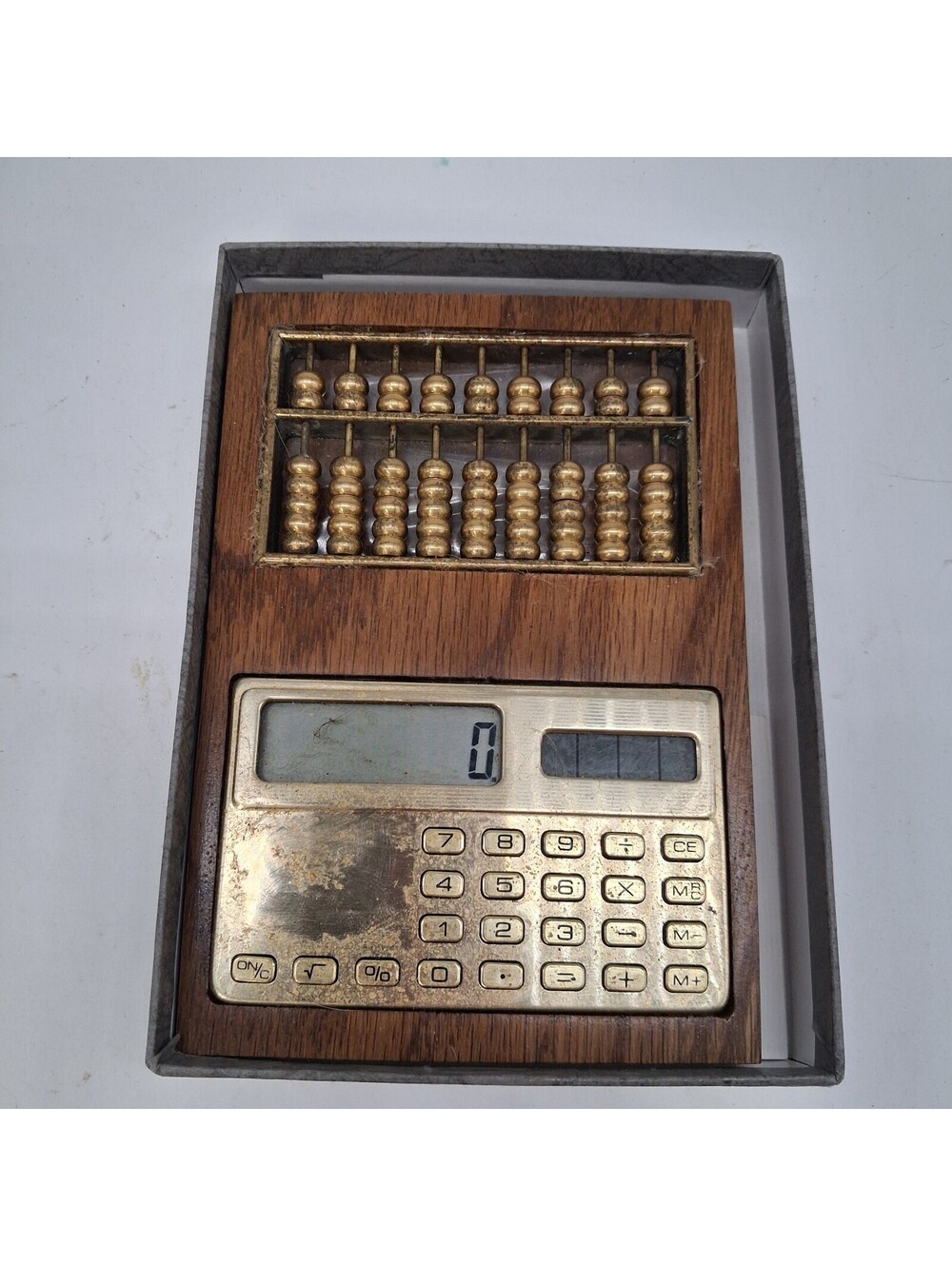 Vintage Solar LCD Calculator Brass Abacus Woodgrain Desk Novelty Tested Works